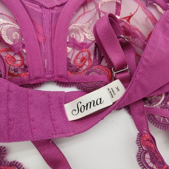 Soma Sensuous Lace Unlined Demi Bra Size 34C New Sheer Purple Embroidered - Picture 9 of 10